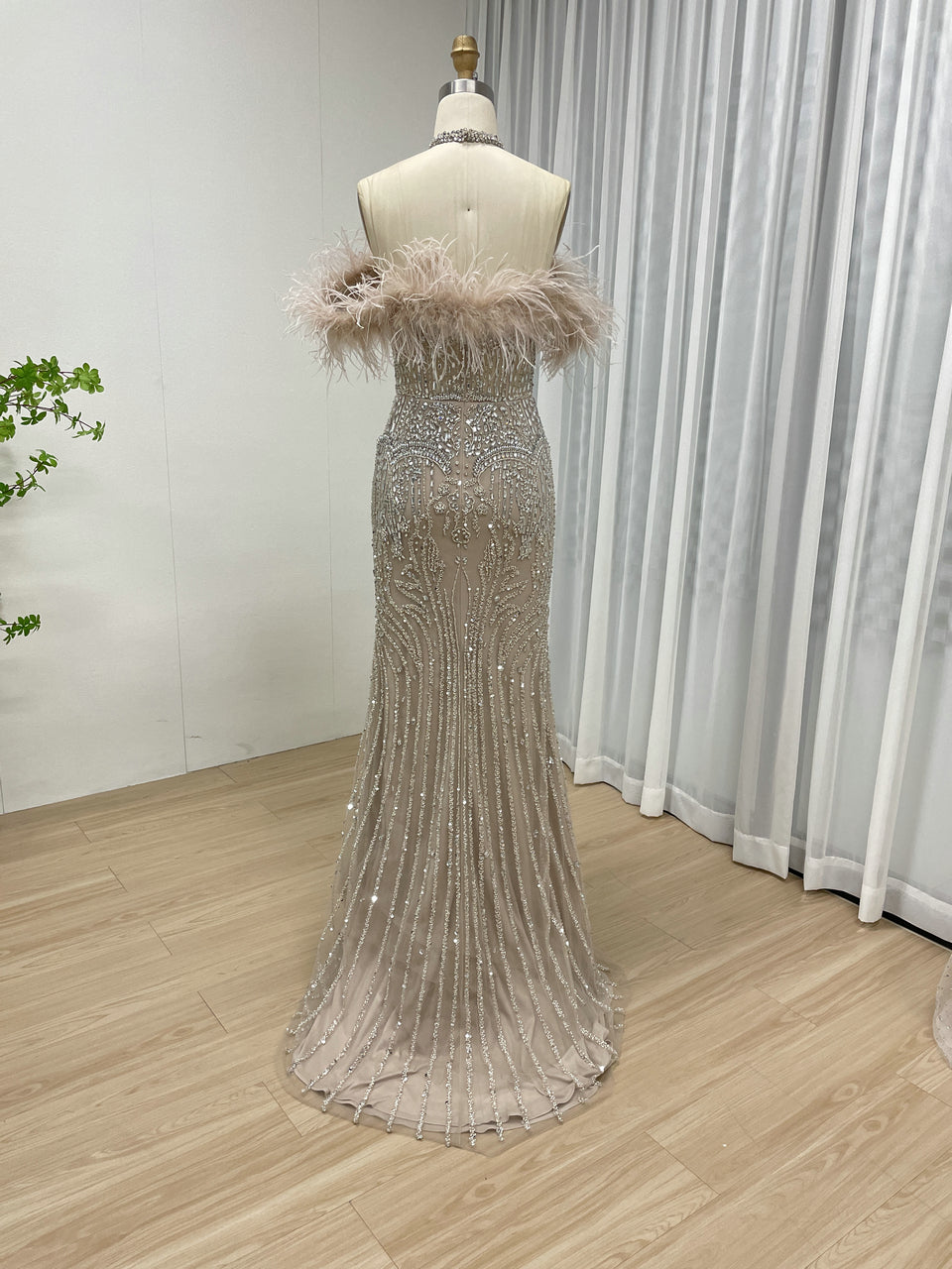 Gorgeous Off Shoulder With Feathers Couture Handmade Beading Red Carpet Evening Dress MB40295