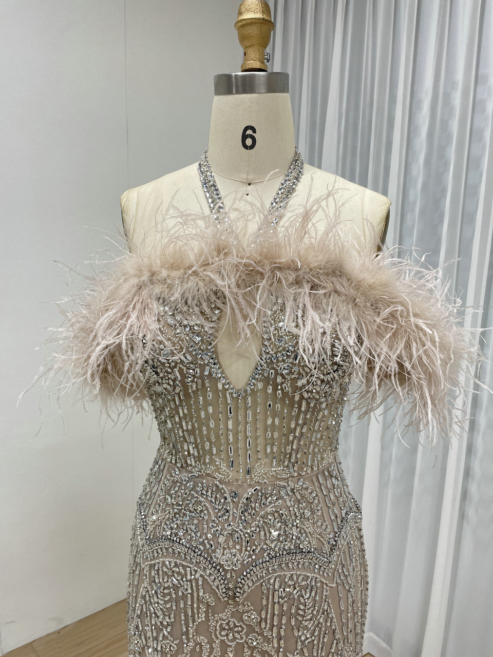 Gorgeous Off Shoulder With Feathers Couture Handmade Beading Red Carpet Evening Dress MB40295