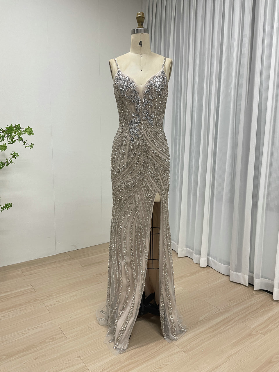 Spaghetti Strap High Split Handmade Beading Evening Dress MB40297