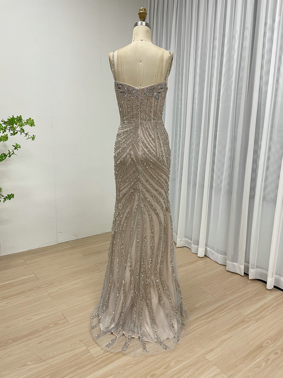 Spaghetti Strap High Split Handmade Beading Evening Dress MB40297