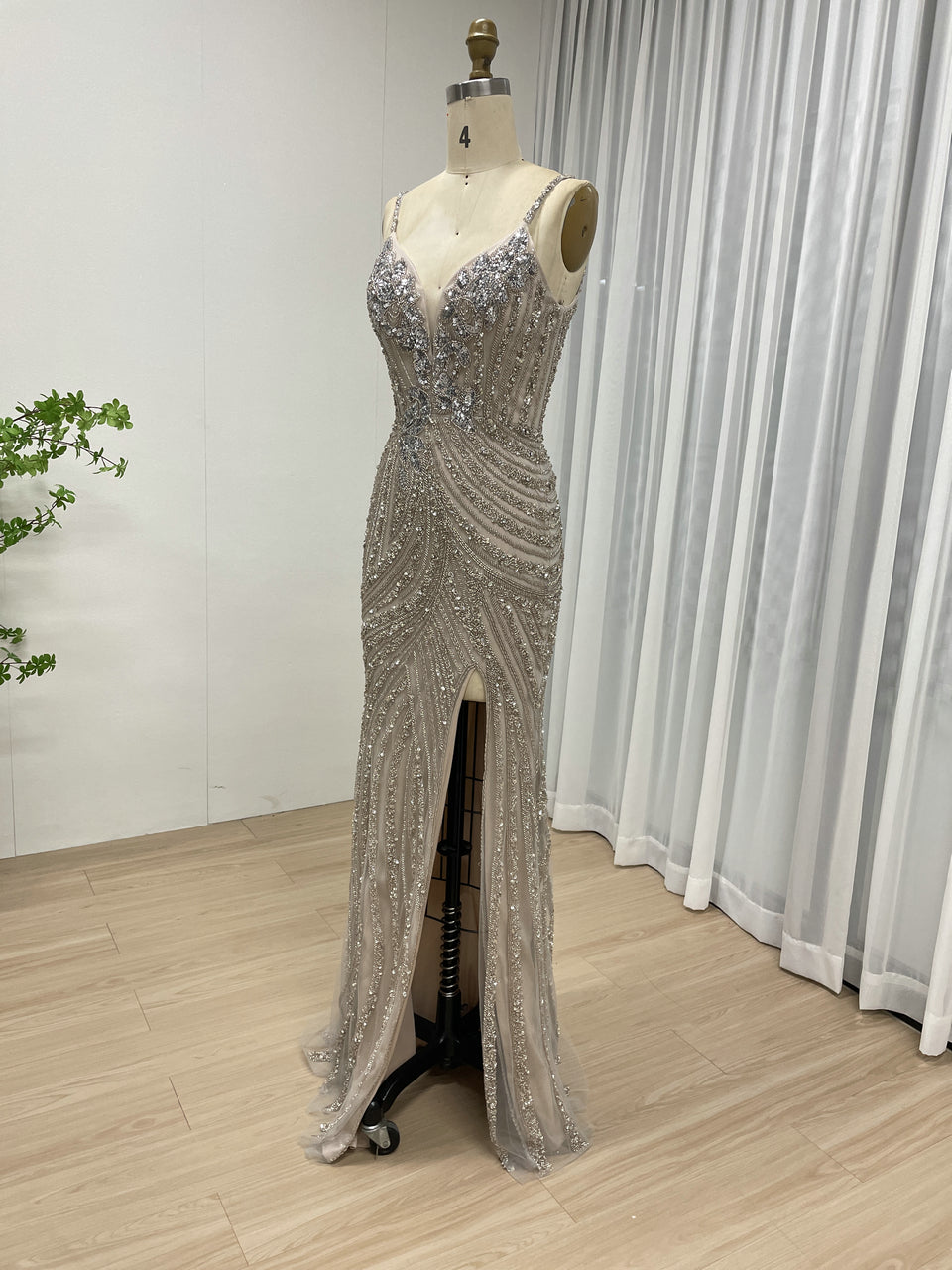 Spaghetti Strap High Split Handmade Beading Evening Dress MB40297
