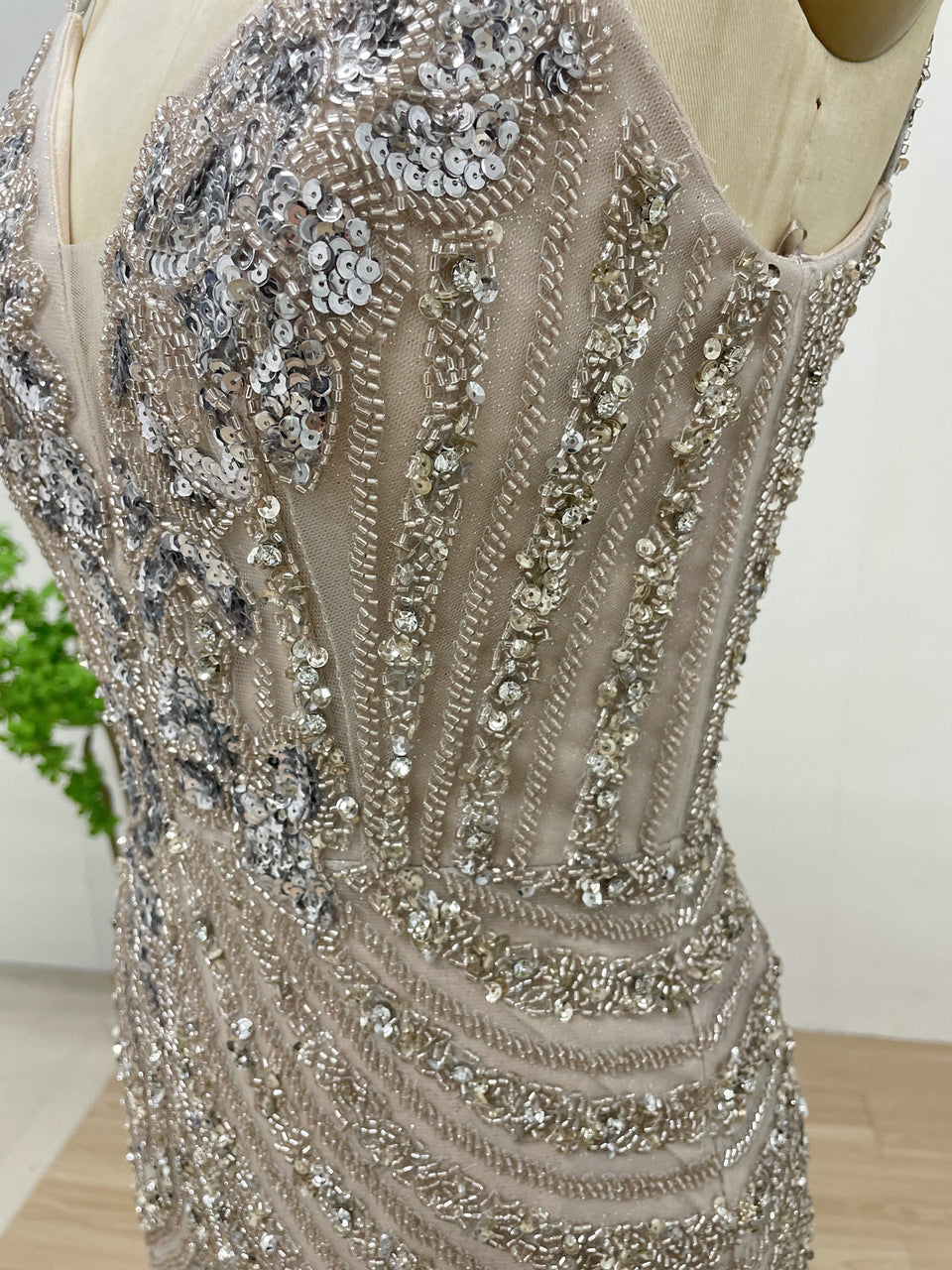 Spaghetti Strap High Split Handmade Beading Evening Dress MB40297