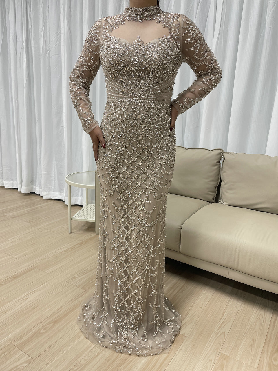 Luxury Handmade Beading Long Sleeve Nude Mother Of Bridal Dress MB40299