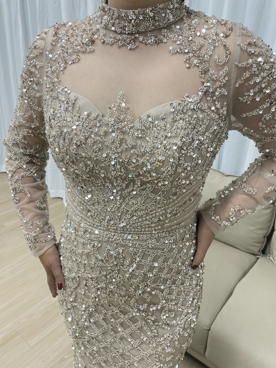 Luxury Handmade Beading Long Sleeve Nude Mother Of Bridal Dress MB40299