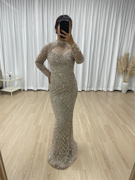 Luxury Handmade Beading Long Sleeve Nude Mother Of Bridal Dress MB40299