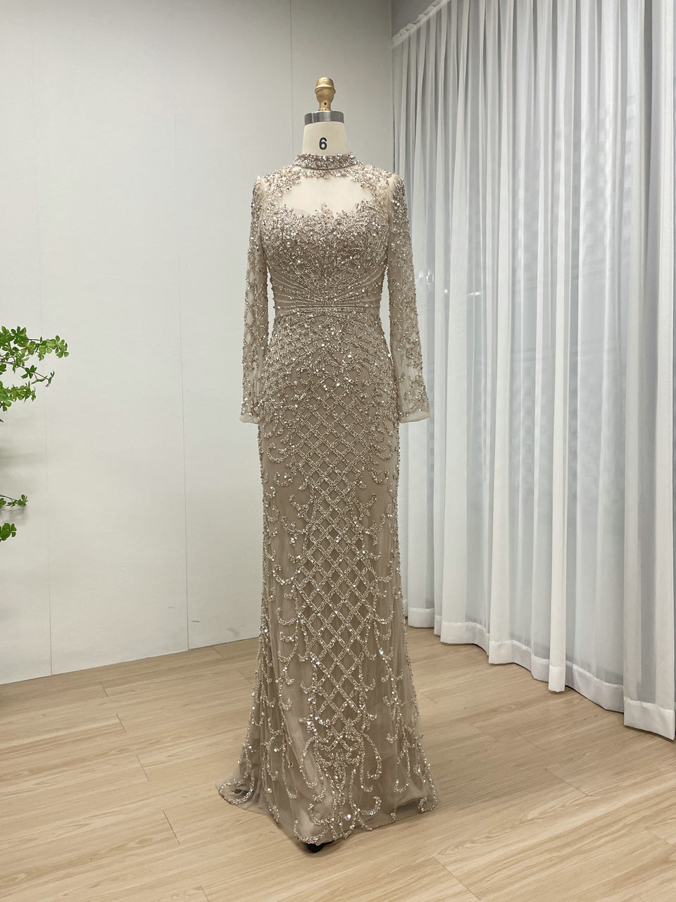 Luxury Handmade Beading Long Sleeve Nude Mother Of Bridal Dress MB40299