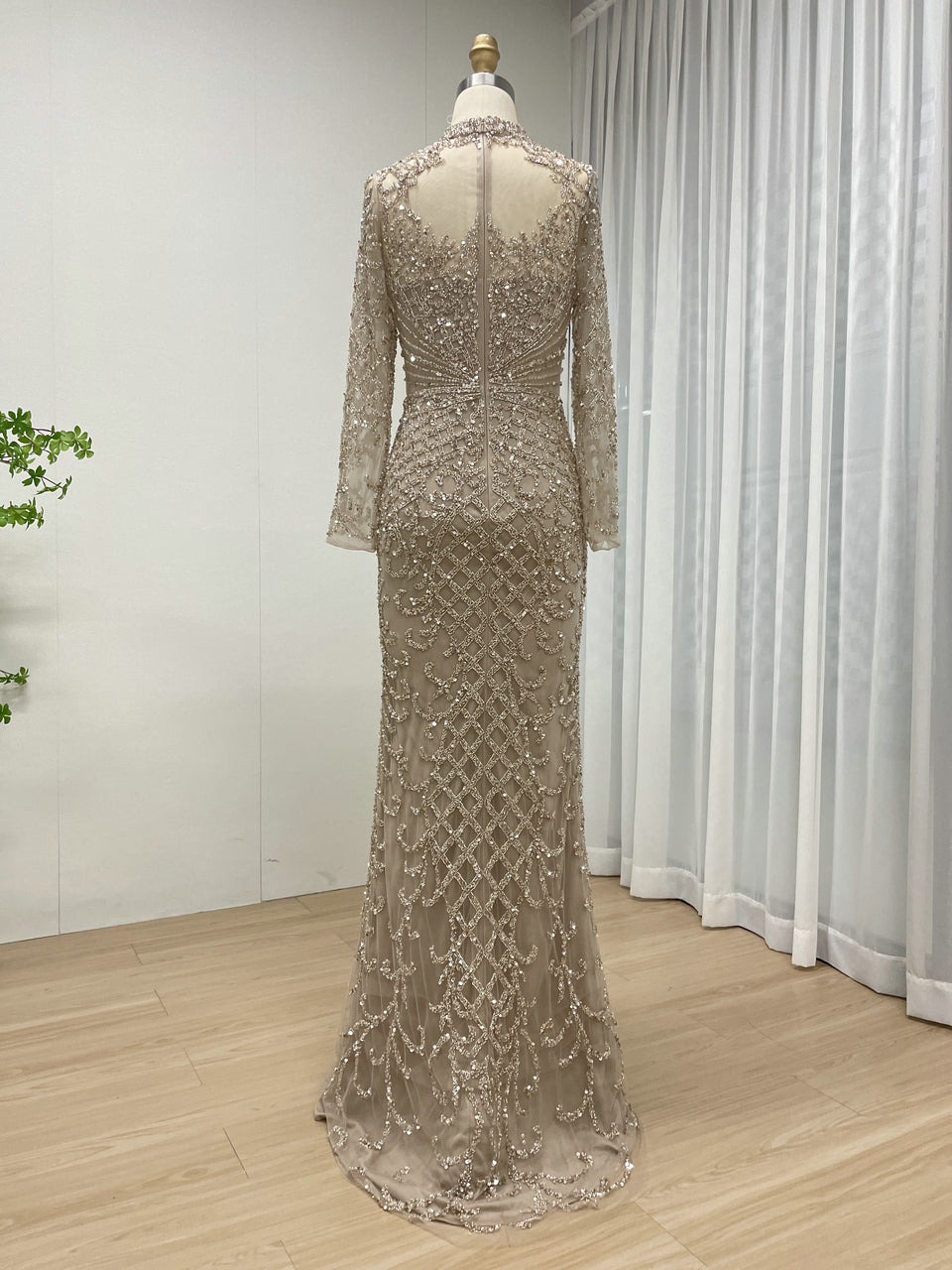 Luxury Handmade Beading Long Sleeve Nude Mother Of Bridal Dress MB40299