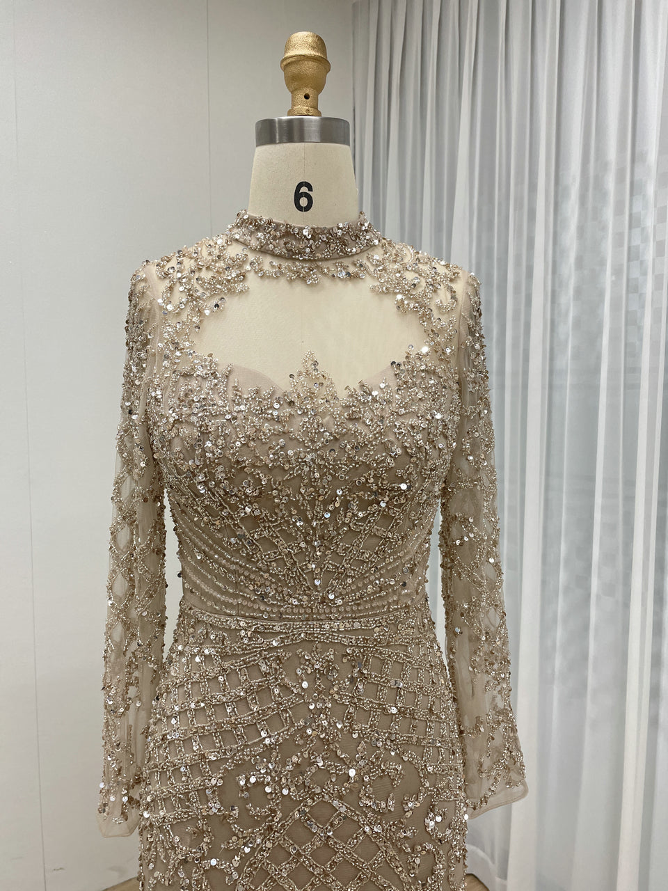 Luxury Handmade Beading Long Sleeve Nude Mother Of Bridal Dress MB40299