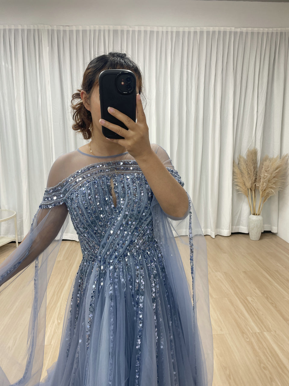 Cape Long Sleeve Beading A Line Blue Wedding Party Evening Dress MB40300