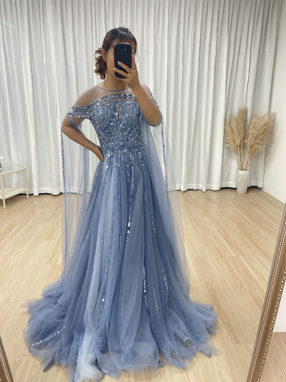 Cape Long Sleeve Beading A Line Blue Wedding Party Evening Dress MB40300