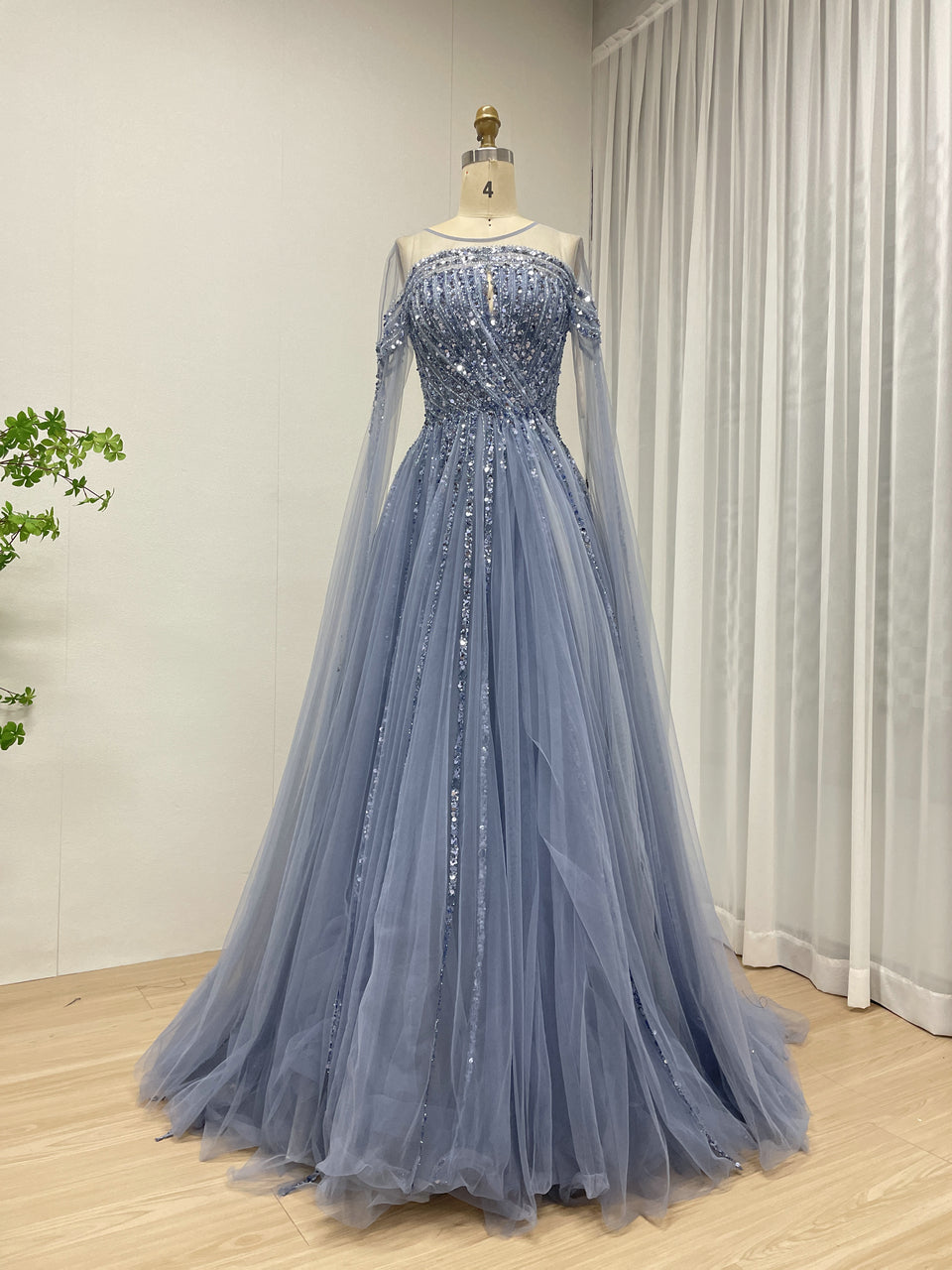 Cape Long Sleeve Beading A Line Blue Wedding Party Evening Dress MB40300