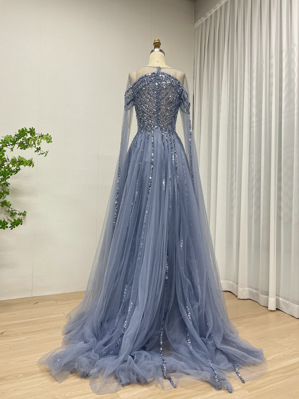 Cape Long Sleeve Beading A Line Blue Wedding Party Evening Dress MB40300