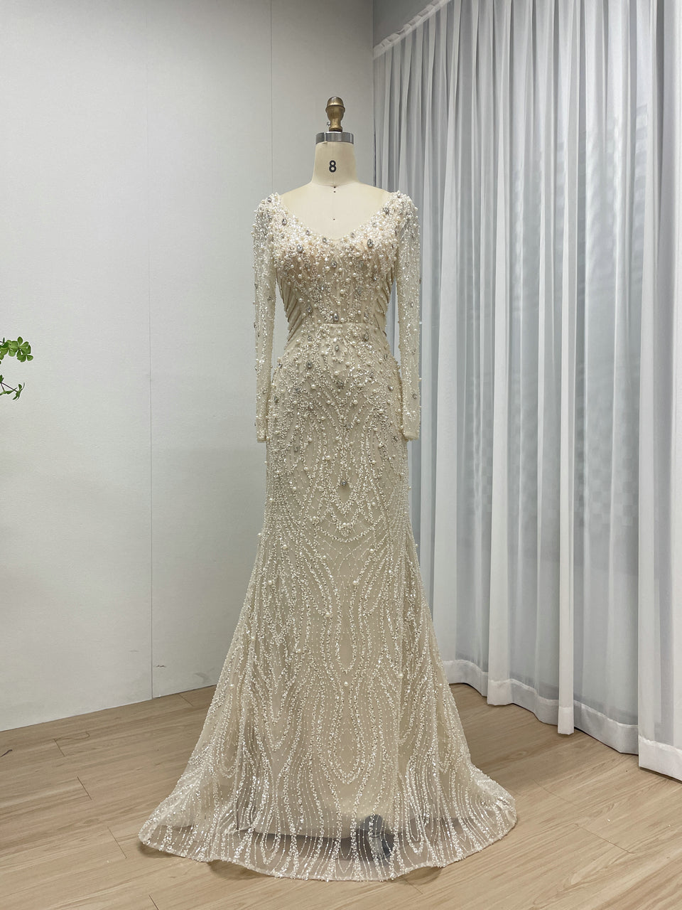 Elegant V Neckline Couture Beading Lace Mermaid Long Sleeve Evening Party Dress MB40301