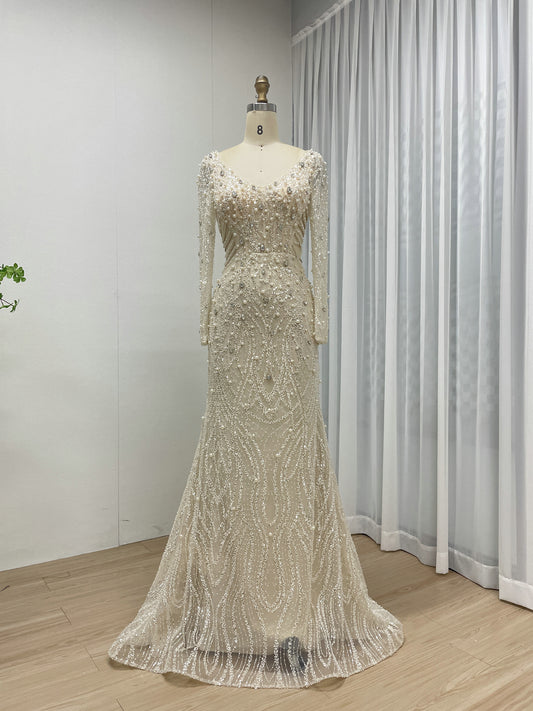 Elegant V Neckline Couture Beading Lace Mermaid Long Sleeve Evening Party Dress MB40301
