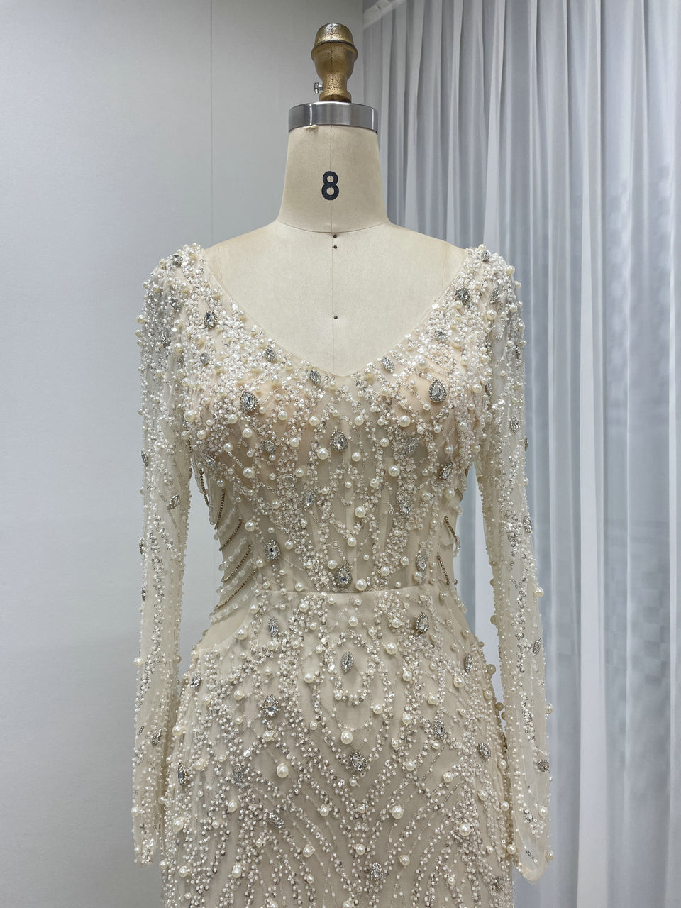 Elegant V Neckline Couture Beading Lace Mermaid Long Sleeve Evening Party Dress MB40301