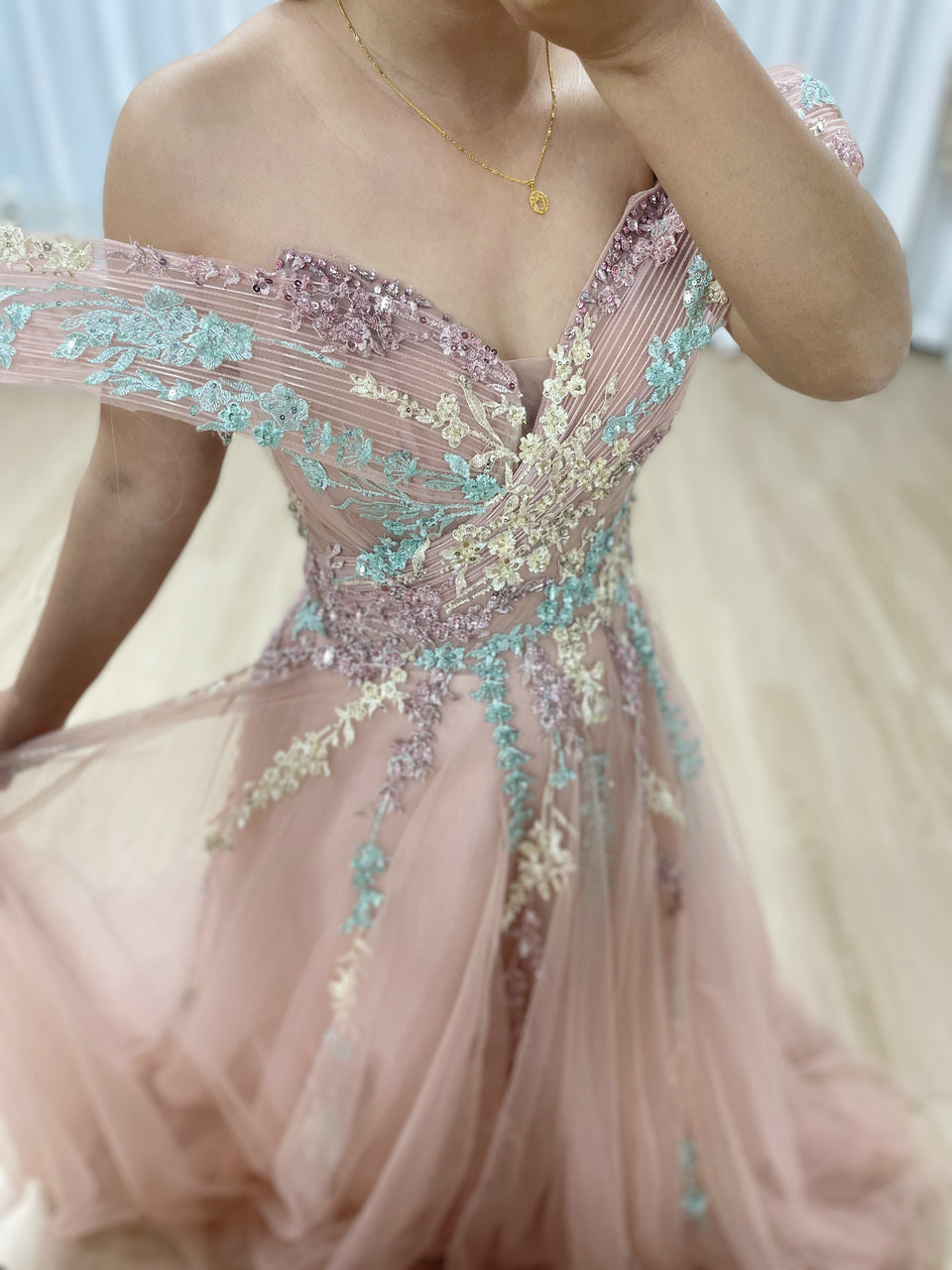 Pink Off Shoulder Elegant Lace Embroidery A-line Flowy Couture Evening Gown MB40303
