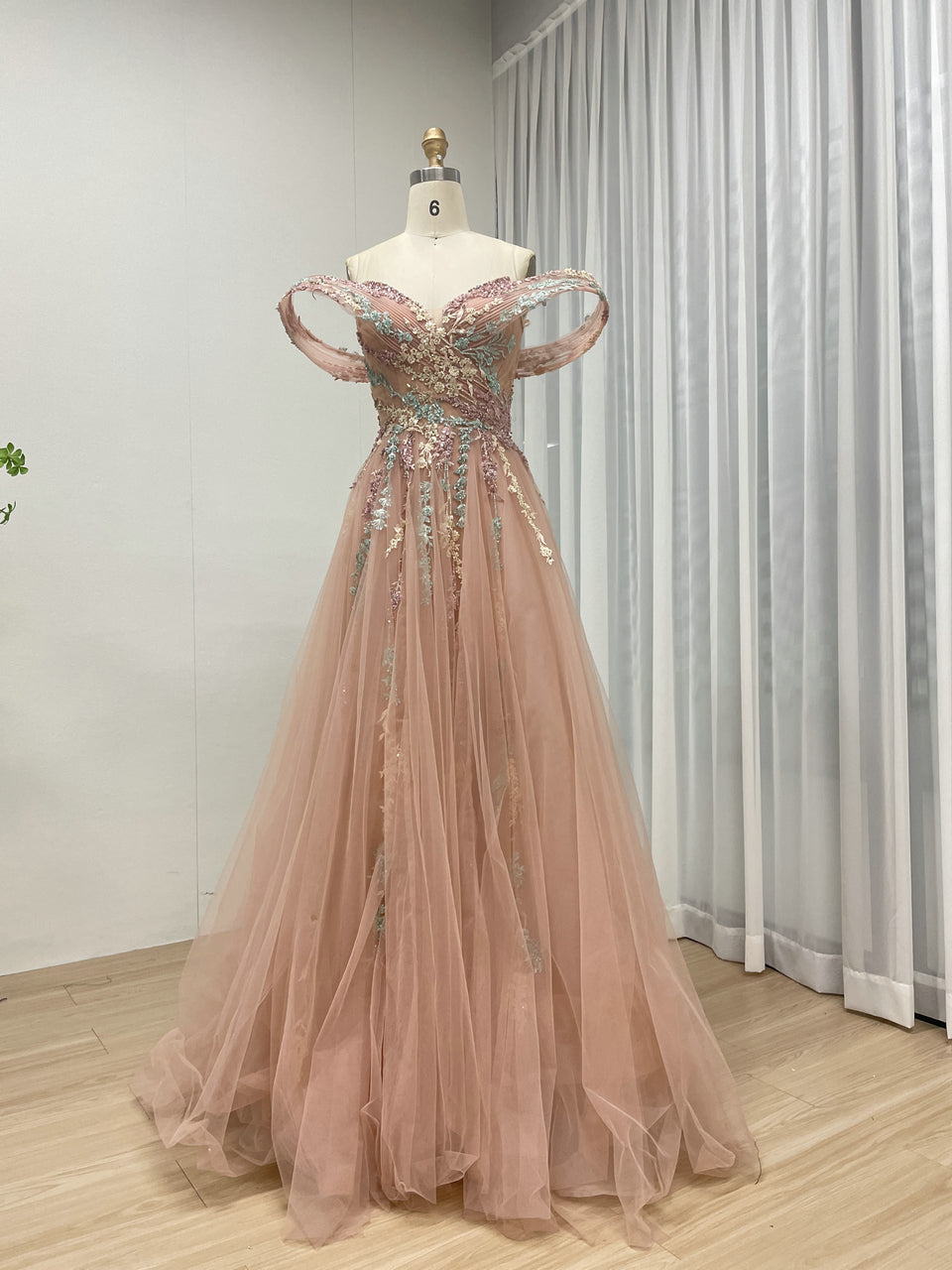Pink Off Shoulder Elegant Lace Embroidery A-line Flowy Couture Evening Gown MB40303