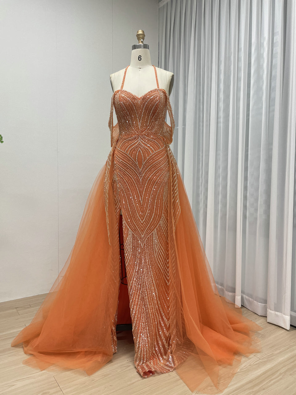 Orange Beaded Sexy High Slit Off-shoulder Heart-shaped Halter Neck Wrap Dress Evening Gown Prom Dress MB40304