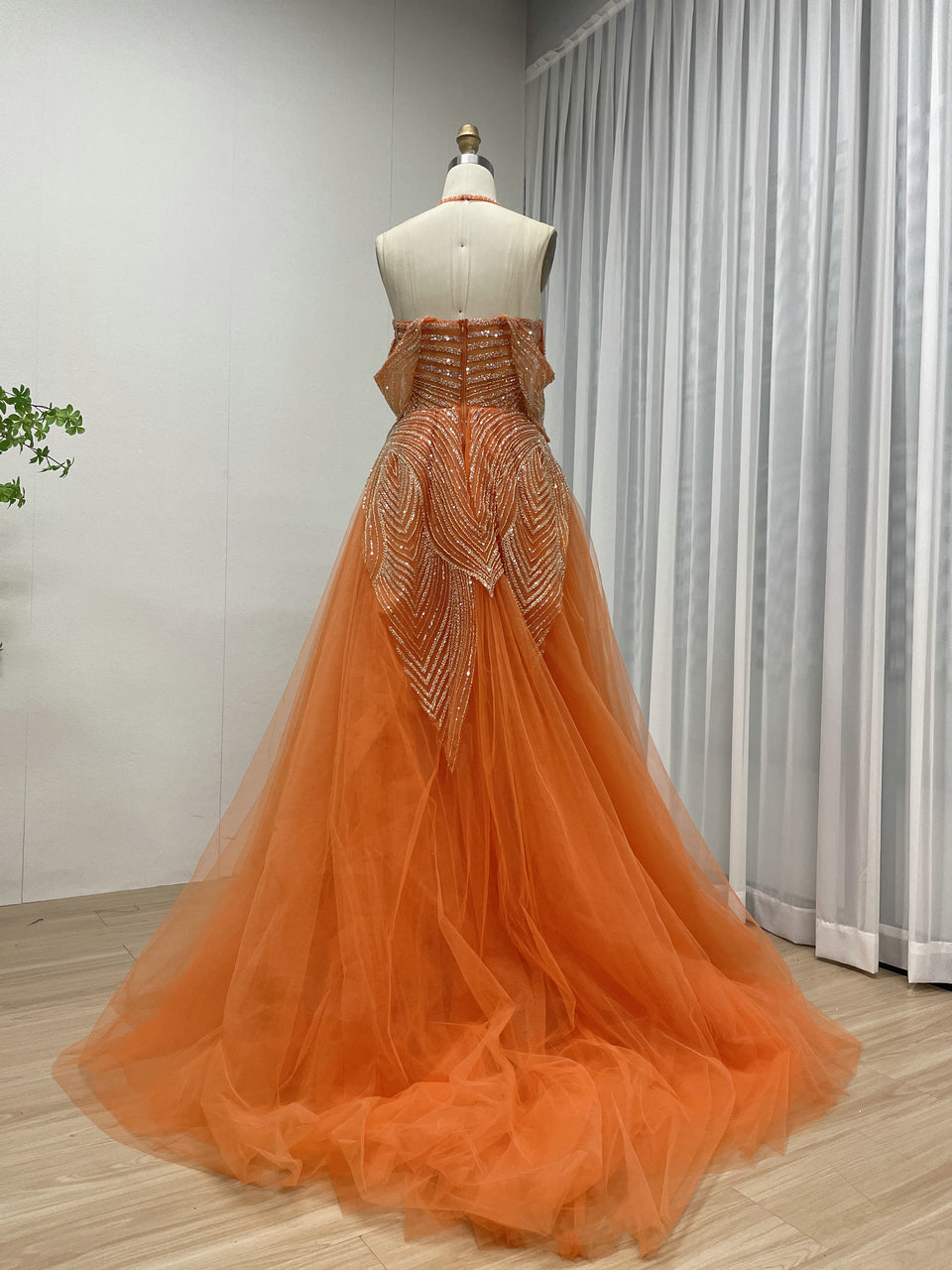 Orange Beaded Sexy High Slit Off-shoulder Heart-shaped Halter Neck Wrap Dress Evening Gown Prom Dress MB40304