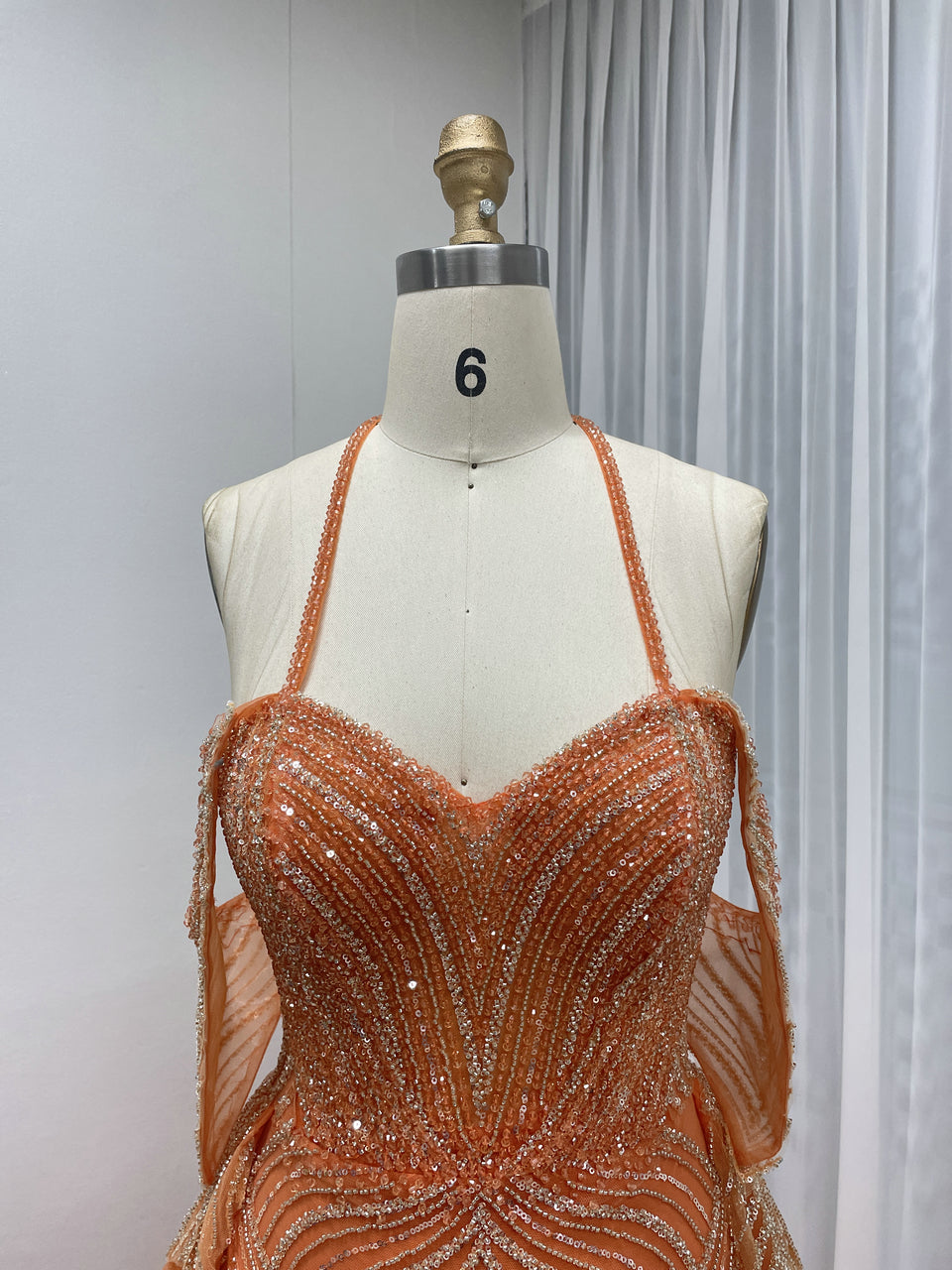 Orange Beaded Sexy High Slit Off-shoulder Heart-shaped Halter Neck Wrap Dress Evening Gown Prom Dress MB40304
