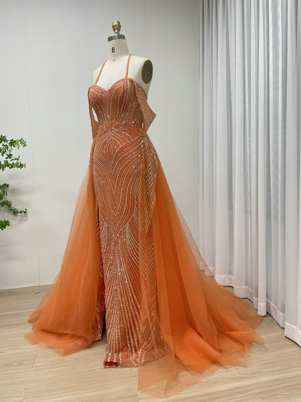 Orange Beaded Sexy High Slit Off-shoulder Heart-shaped Halter Neck Wrap Dress Evening Gown Prom Dress MB40304