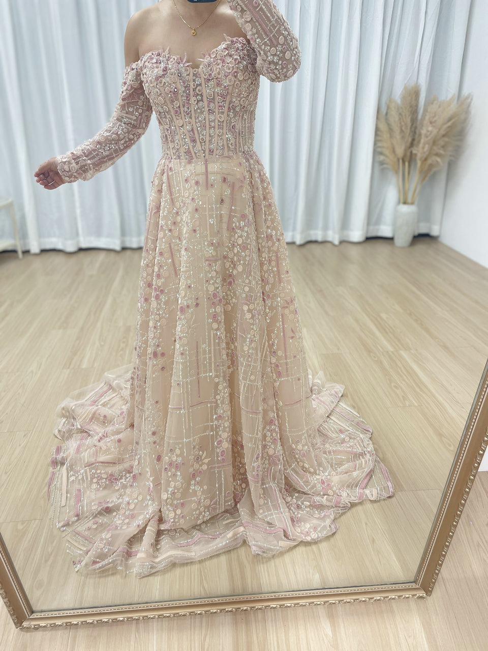 Luxury A-Line Floral Maxi Dress Pink Flowers Decoration Off Shoulder Sweetheart Neckline Party Evening Dress MB40305