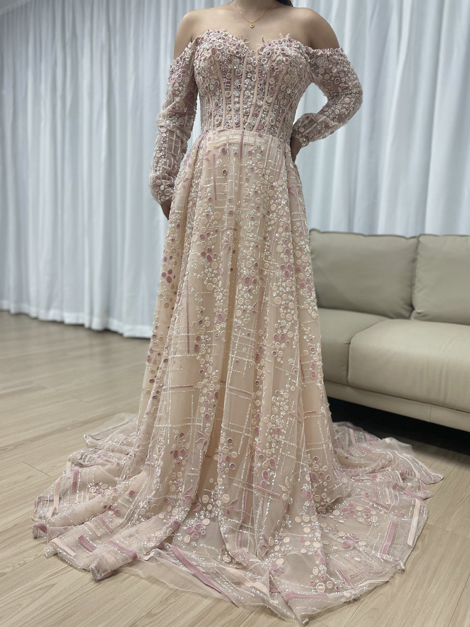 Luxury A-Line Floral Maxi Dress Pink Flowers Decoration Off Shoulder Sweetheart Neckline Party Evening Dress MB40305