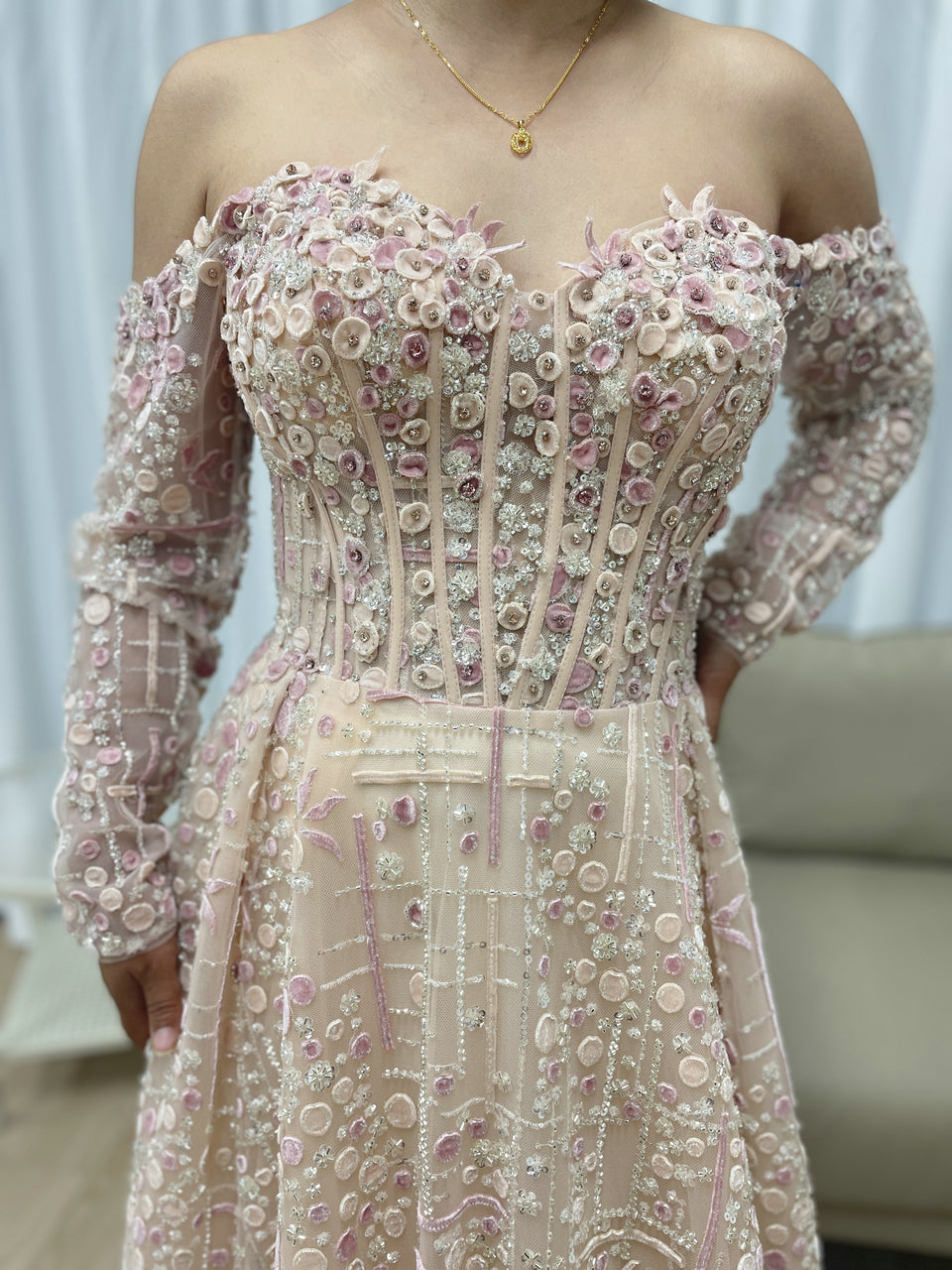 Luxury A-Line Floral Maxi Dress Pink Flowers Decoration Off Shoulder Sweetheart Neckline Party Evening Dress MB40305
