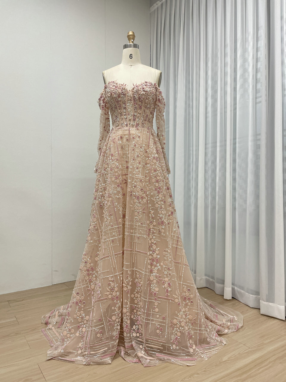 Luxury A-Line Floral Maxi Dress Pink Flowers Decoration Off Shoulder Sweetheart Neckline Party Evening Dress MB40305