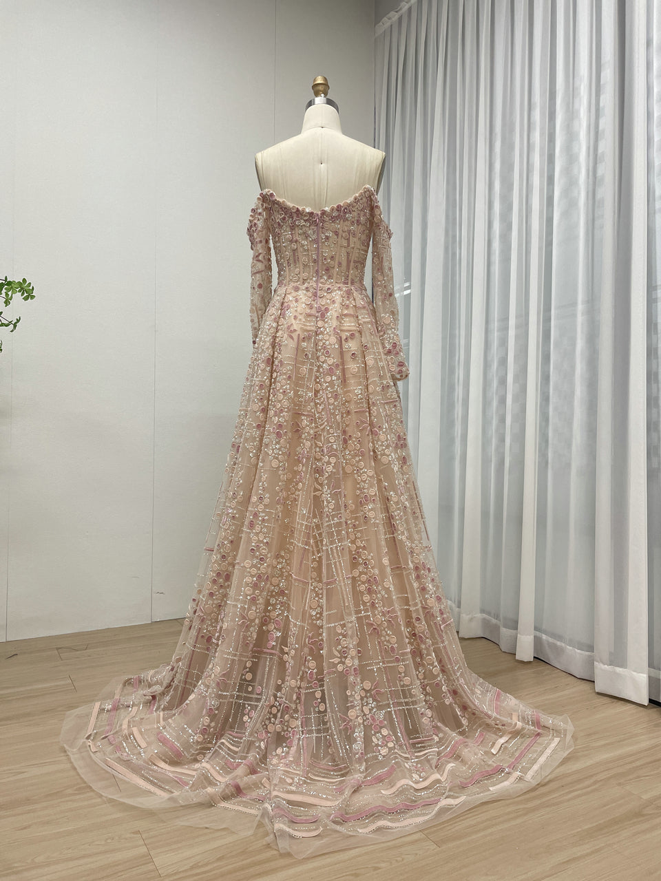 Luxury A-Line Floral Maxi Dress Pink Flowers Decoration Off Shoulder Sweetheart Neckline Party Evening Dress MB40305