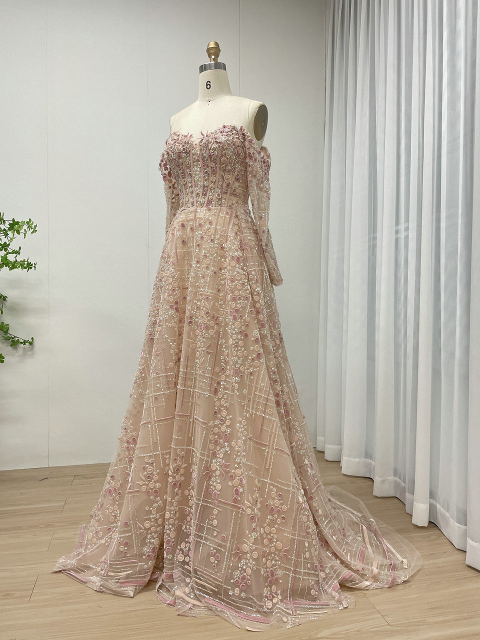 Luxury A-Line Floral Maxi Dress Pink Flowers Decoration Off Shoulder Sweetheart Neckline Party Evening Dress MB40305