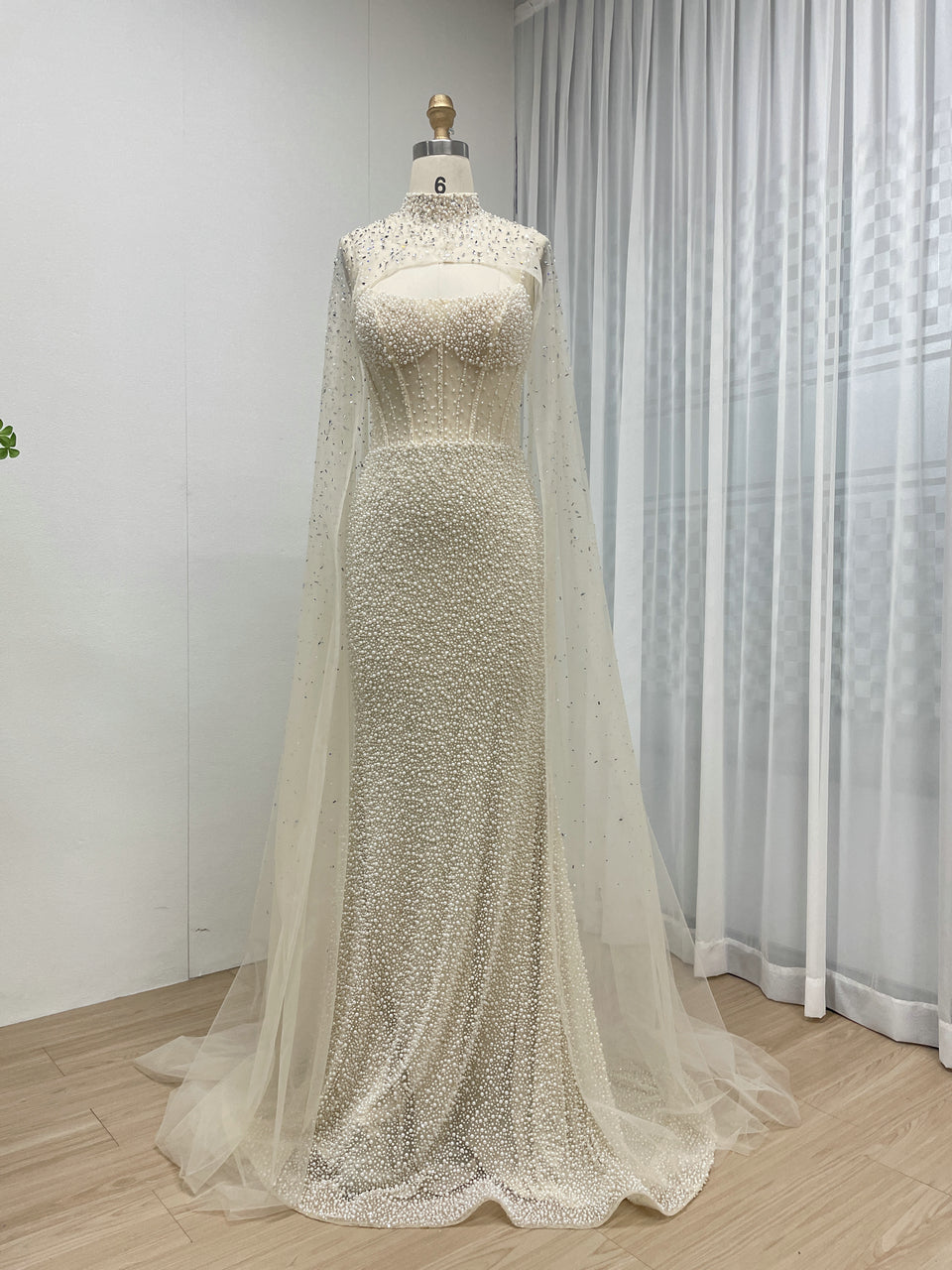 Gorgeous Spahetti Strap Mermaid Evening Pearl Dress | Removable Halter Neck Cape Wedding Party Dress MB40312