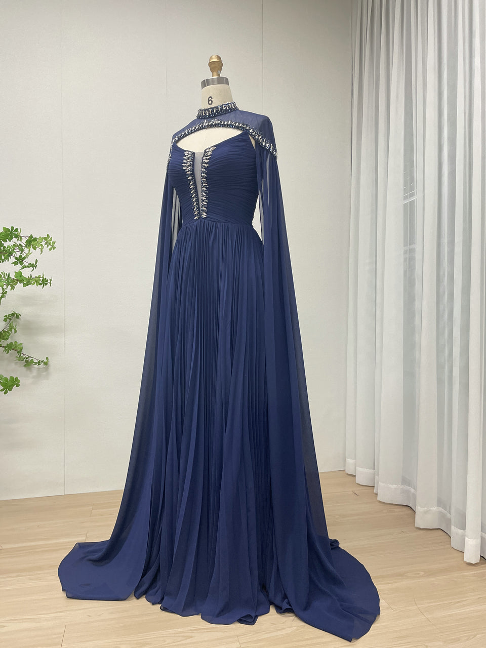 Sexy V Neck beading Blue Muslim Long Sleeve Dress With Detachable Cap Sleeve MB40313