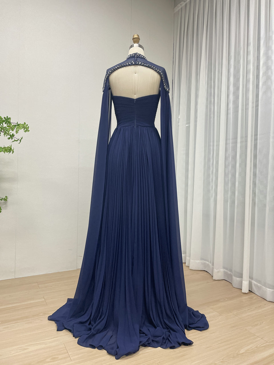 Sexy V Neck beading Blue Muslim Long Sleeve Dress With Detachable Cap Sleeve MB40313