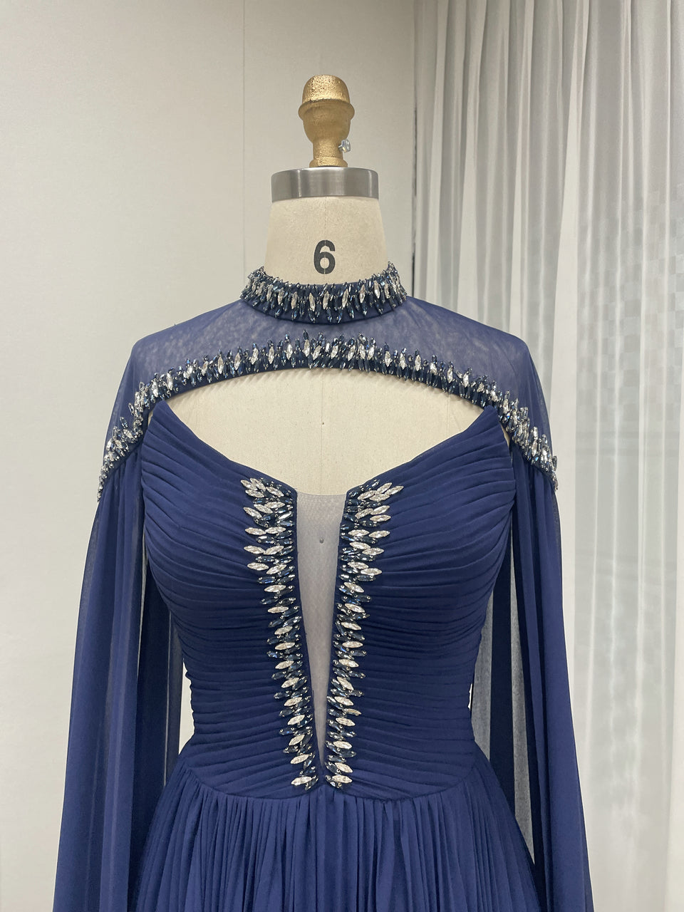 Sexy V Neck beading Blue Muslim Long Sleeve Dress With Detachable Cap Sleeve MB40313