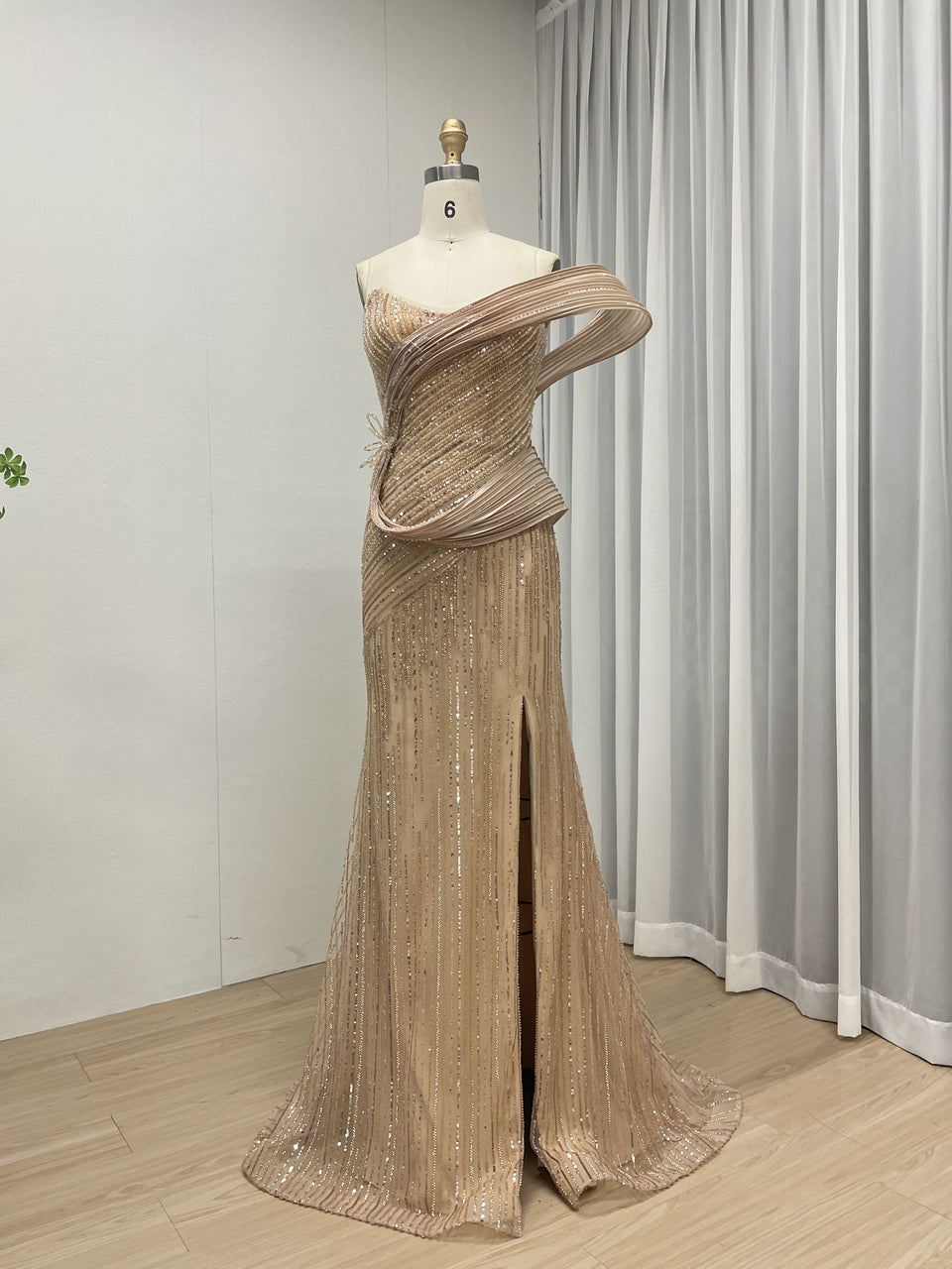 Champagne High Slit Sexy Evening Gown Suitable for Banquet and Prom Embellished With Exquisite Embroidery Beads MB40319