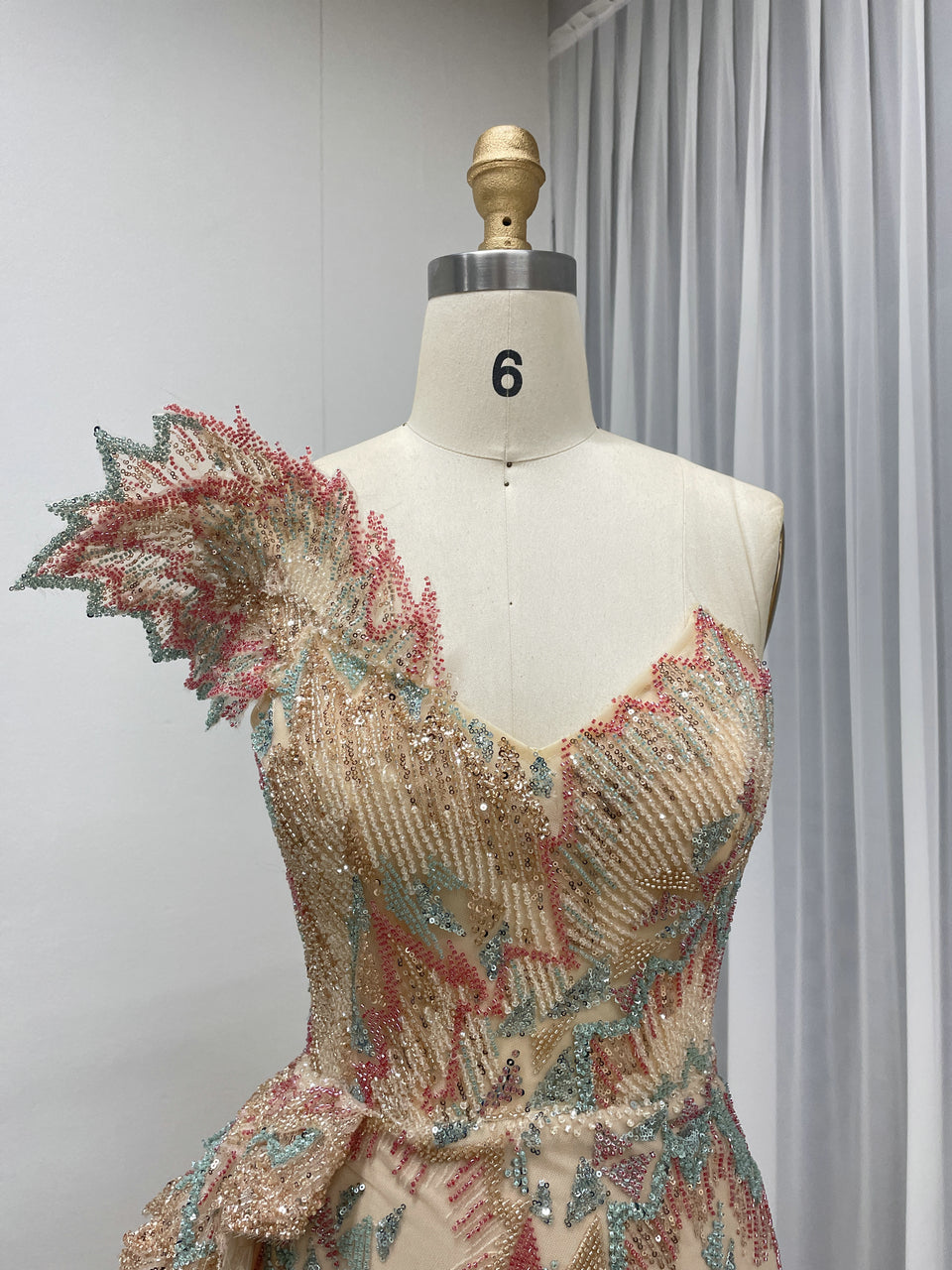 Nude High Slit Sexy Bodycon Banquet Dress Embellished With Exquisite Colorful Embroidered Bead With Side Train MB40323