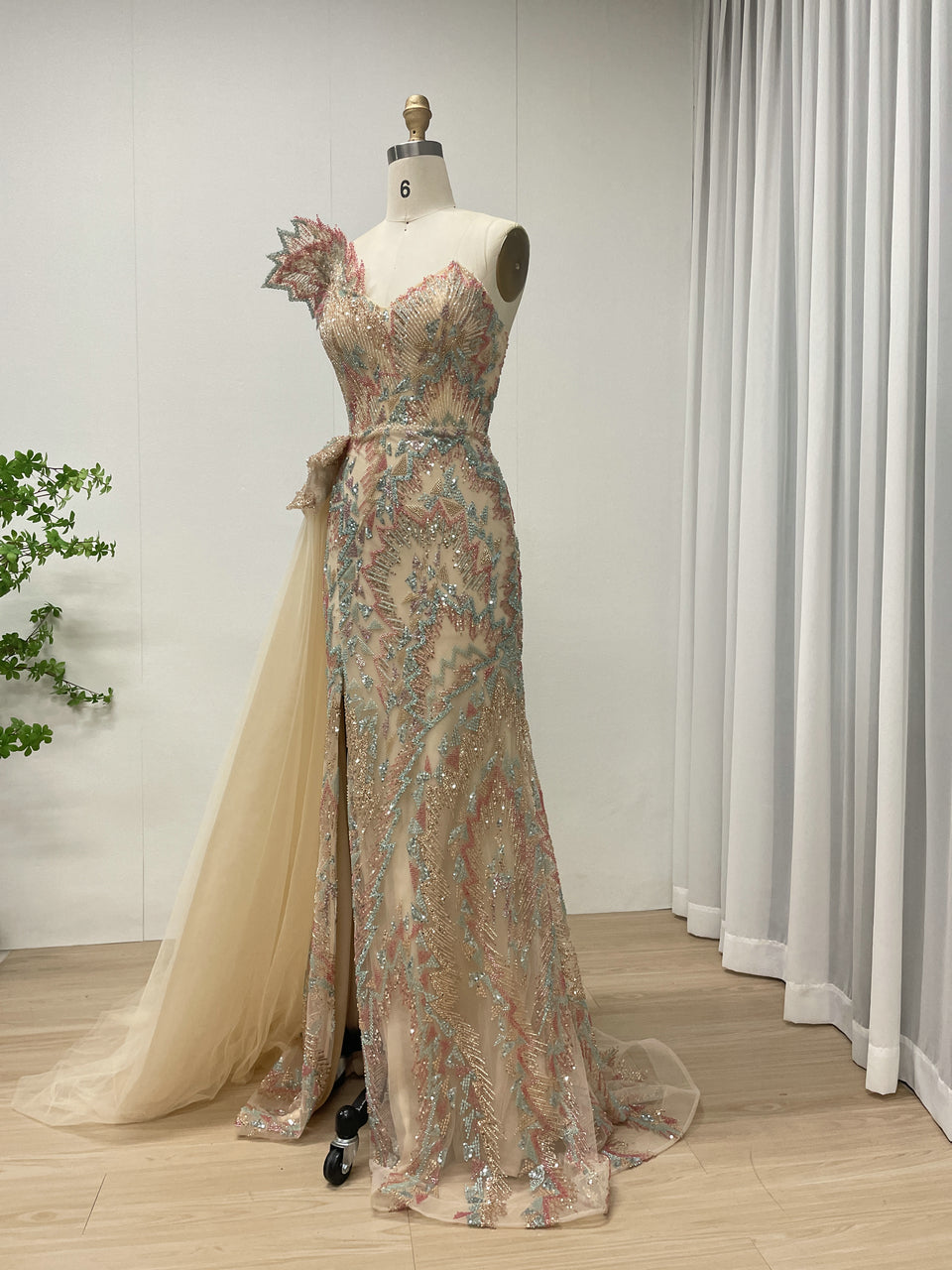 Nude High Slit Sexy Bodycon Banquet Dress Embellished With Exquisite Colorful Embroidered Bead With Side Train MB40323