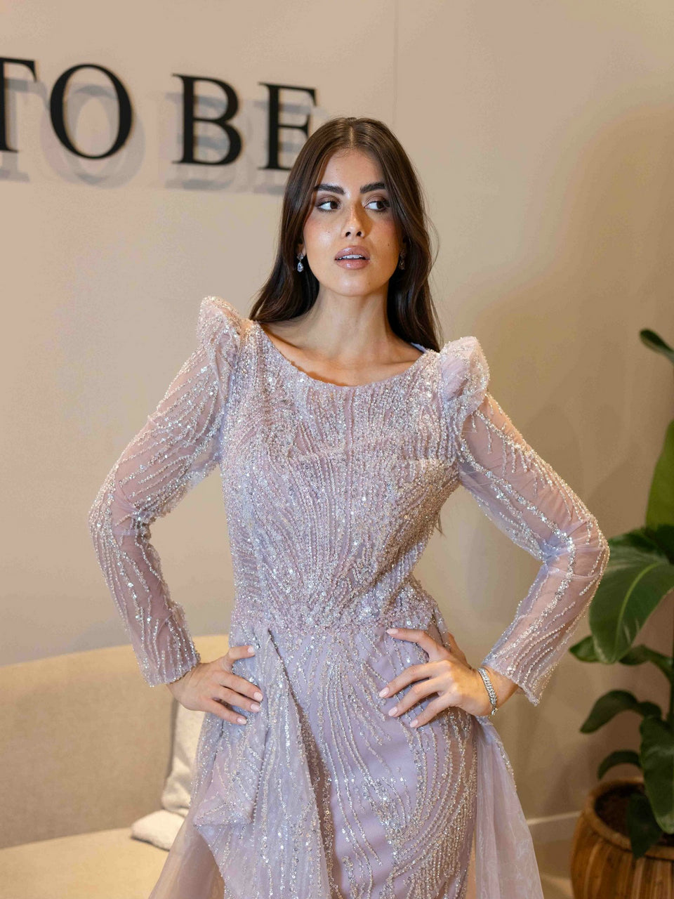 Pink Hight Slit Long See Through Sleeve Embellished With Exquisite Bead Embroidery MB40324
