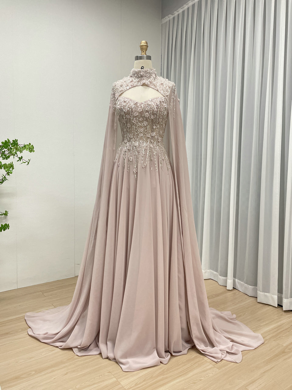 Pink Floral Embellished a Line Gown With Exquisite Beaded Embroidery and Detachable Cap Sleeve MB40325