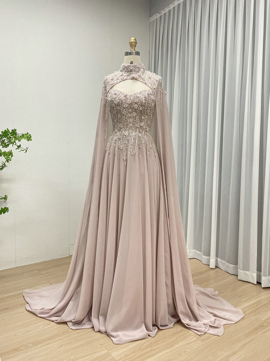 Pink Floral Embellished a Line Gown With Exquisite Beaded Embroidery and Detachable Cap Sleeve MB40325