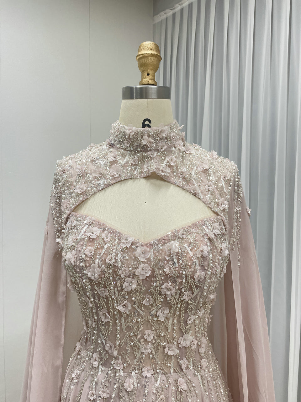 Pink Floral Embellished a Line Gown With Exquisite Beaded Embroidery and Detachable Cap Sleeve MB40325