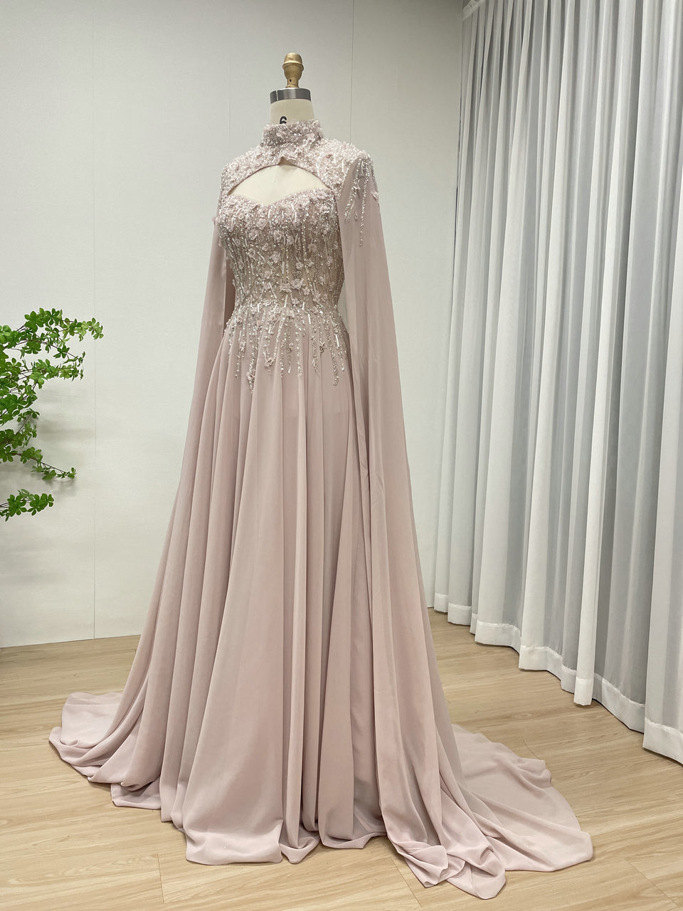 Pink Floral Embellished a Line Gown With Exquisite Beaded Embroidery and Detachable Cap Sleeve MB40325