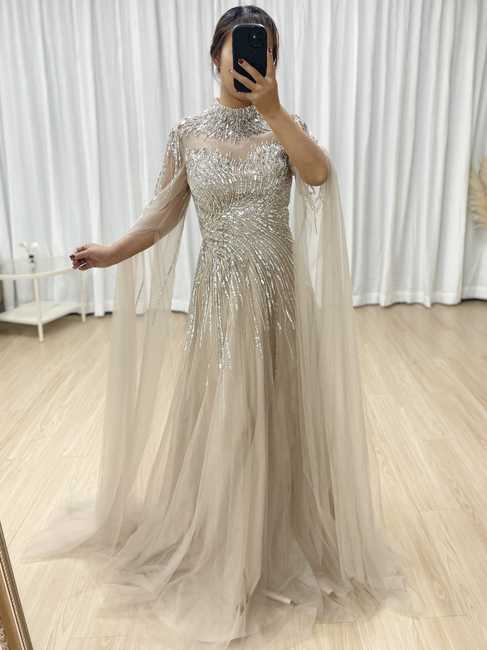 A Line Mother of the Bride Dress With Exquisite Beaded Sequin Embroidery and Graceful Cap Sleeve MB40326