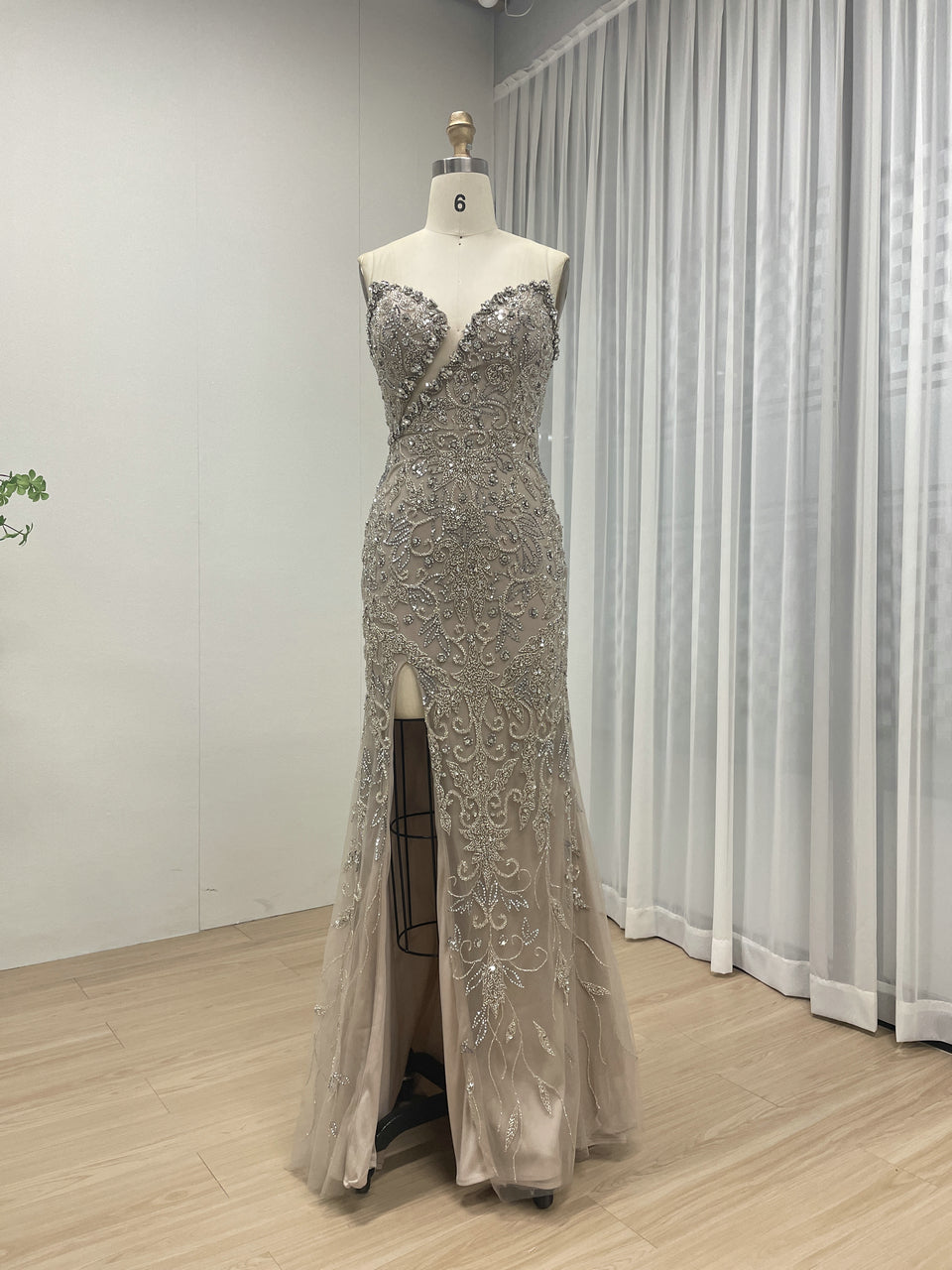 Sexy High Slit V Neck Evening Gown Suitable for Banquet Embellished With Exquisite Embroidery Beaded MB40327