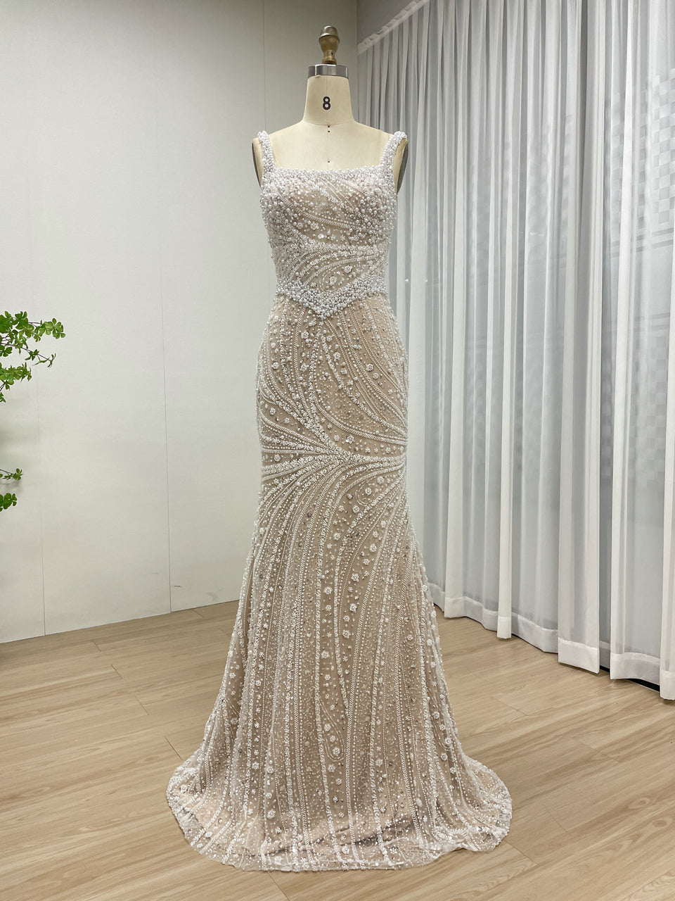 Hot Selling Spaghetti Strap Beading Lace Mermaid Fitted Wedding Party Evening Dress MB40328