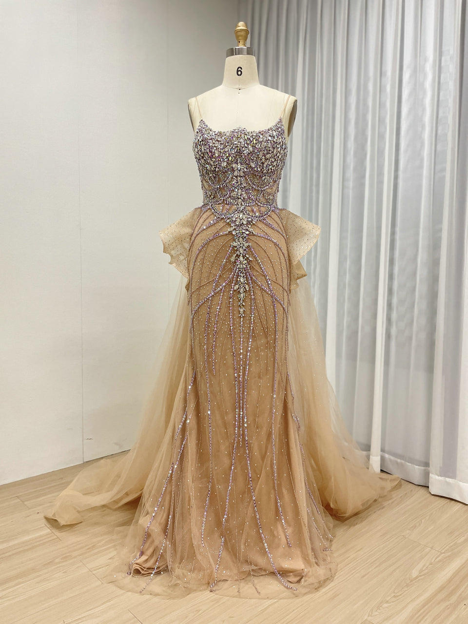 Champagne Prom Dress with Rhinestone Embellishments Peplum Waist Flowing Train MB40344-2