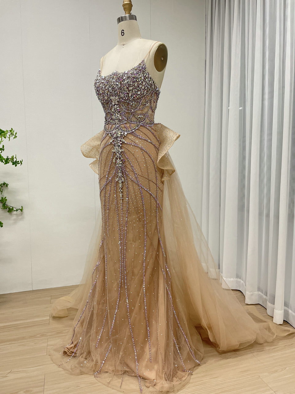 Champagne Prom Dress with Rhinestone Embellishments Peplum Waist Flowing Train MB40344-2