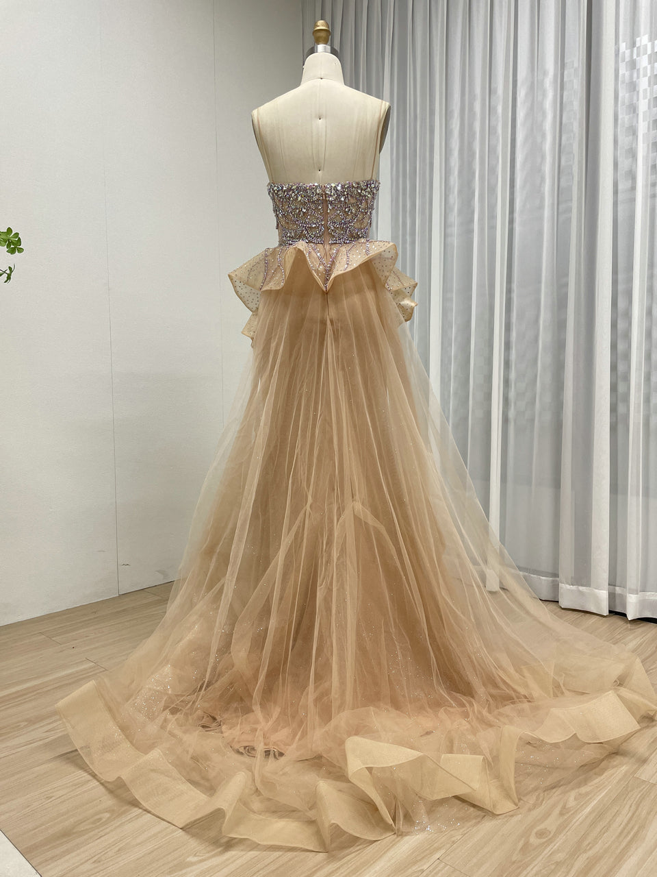 Champagne Prom Dress with Rhinestone Embellishments Peplum Waist Flowing Train MB40344-2