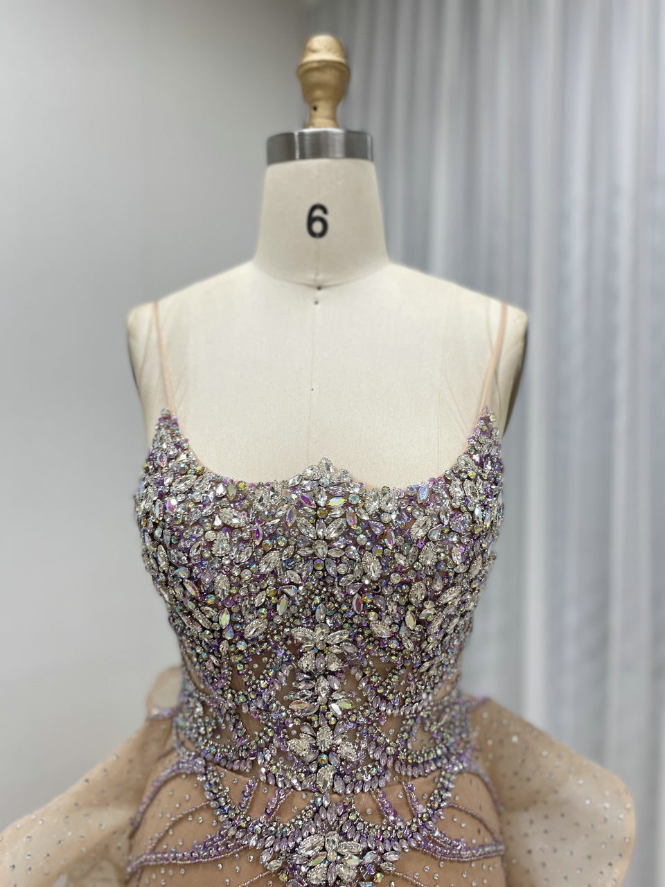 Champagne Prom Dress with Rhinestone Embellishments Peplum Waist Flowing Train MB40344-2
